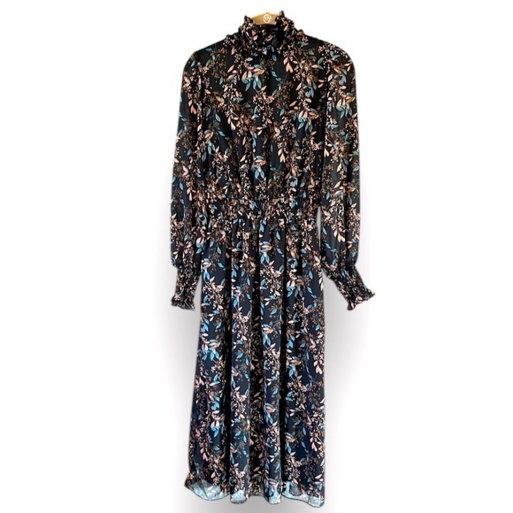 🇪🇸🐠Melloday dress dark floral small elastic waist black blue tan